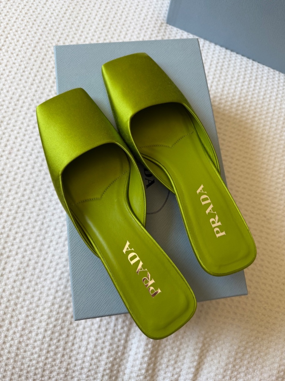 Prada Felce Green Satin Square Toe Mules Heels Size 37 - Picture 3 of 12